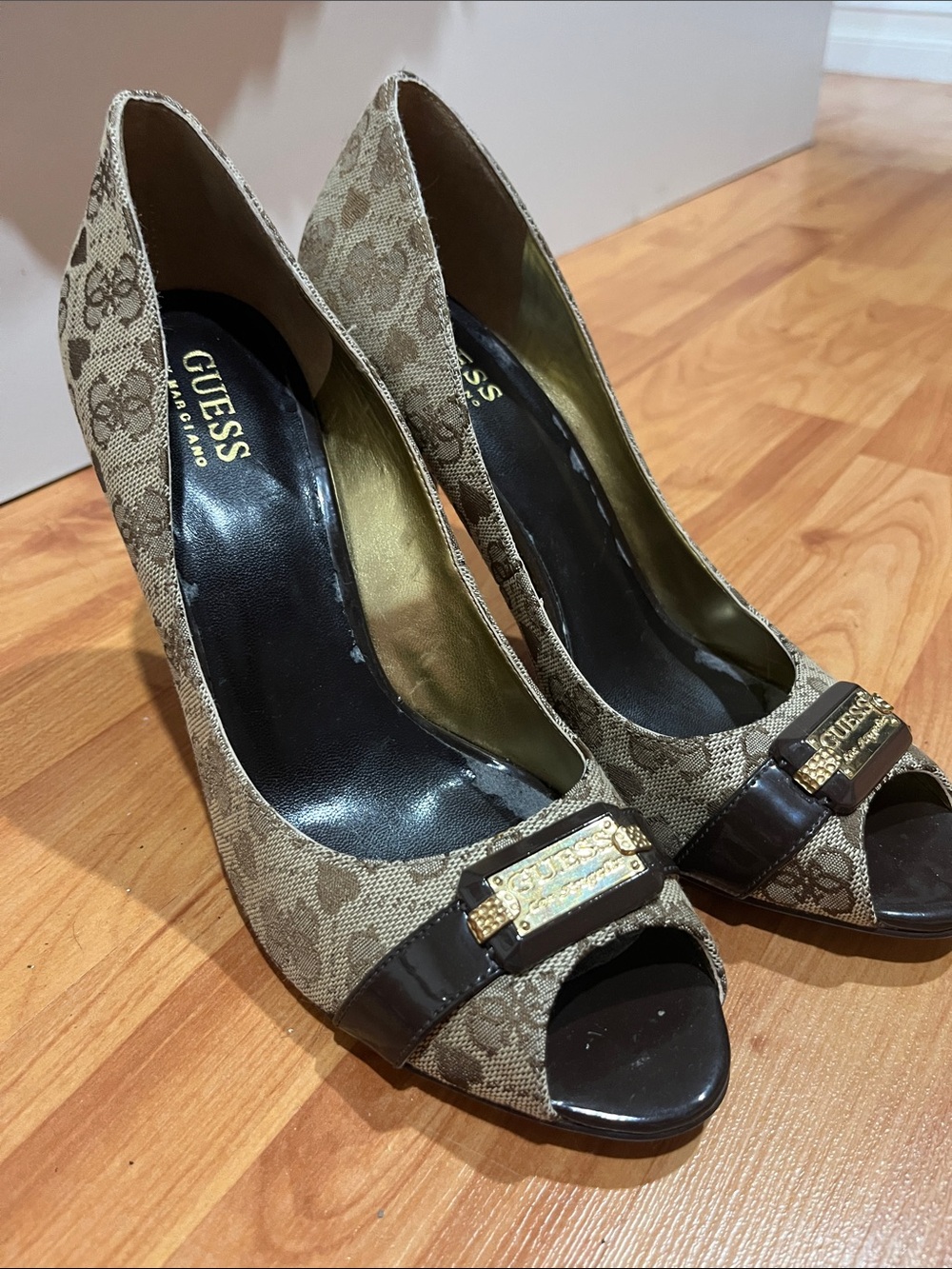 GUESS Tan Brown Signature Peep-Toe Heels with Gold Logo